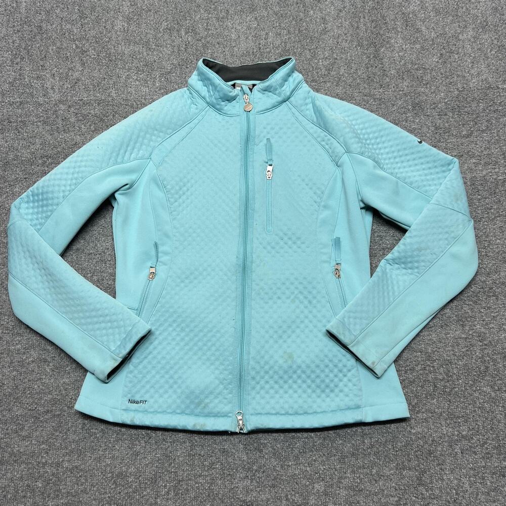 Nike FIT Therma Jacket Women Large Blue Quilted Full Zip Fleece Pockets Running
